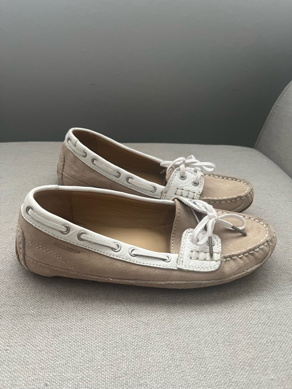 Sebago Beige and White Suede Driving Moccasins
